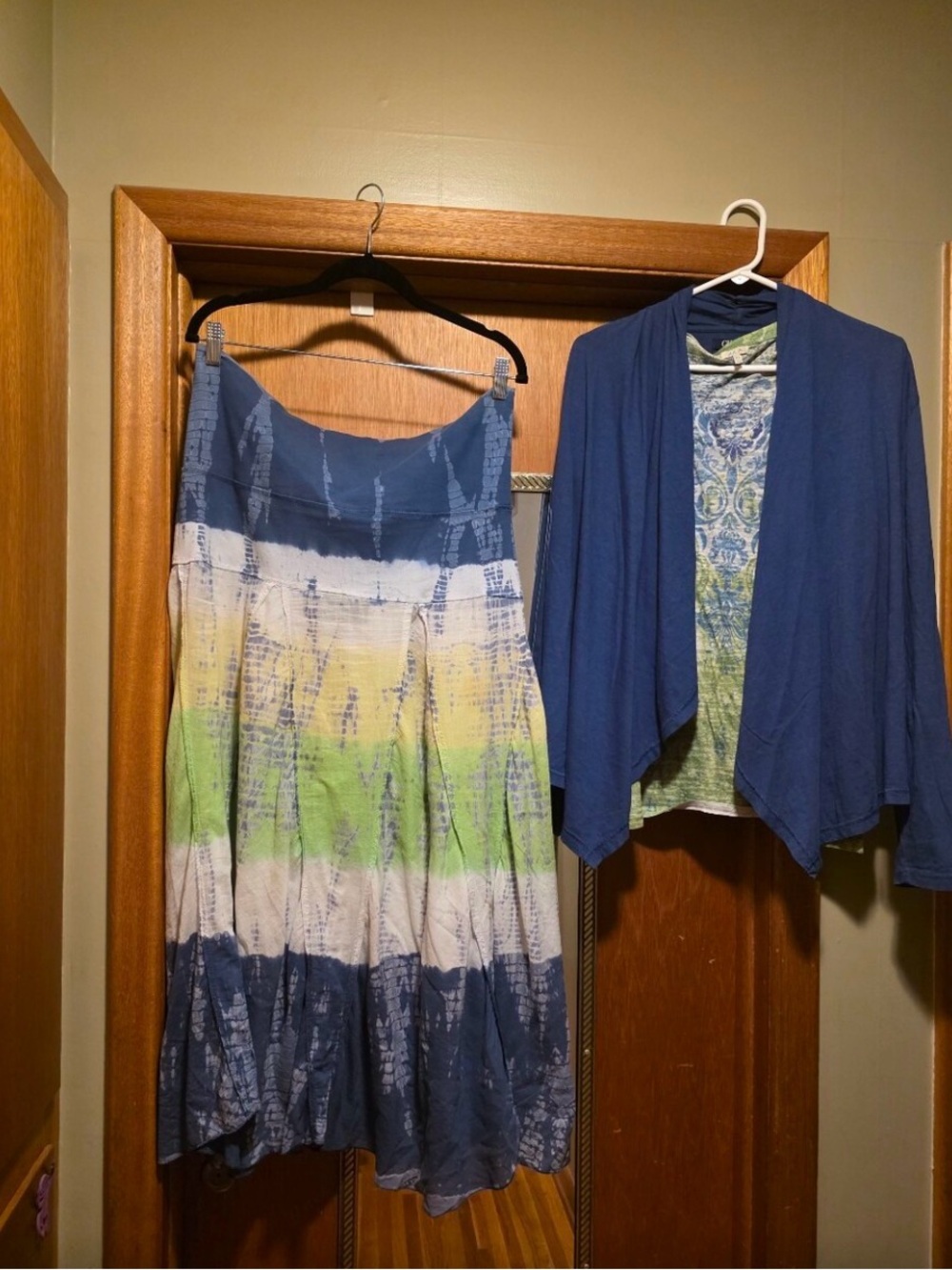 Tracy Evans Navy, White, Green, Yellow Tie-Dye Maxi Skirt